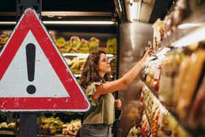 ragazza sceglie prodotti al supermercato e segnale di pericolo