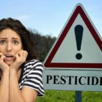 Segnale stop con scritto Pesticidi, donna spaventata