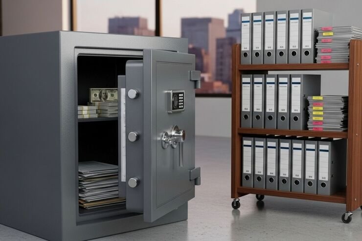 Cassaforte aperta con documenti, faldoni con documenti su mensola