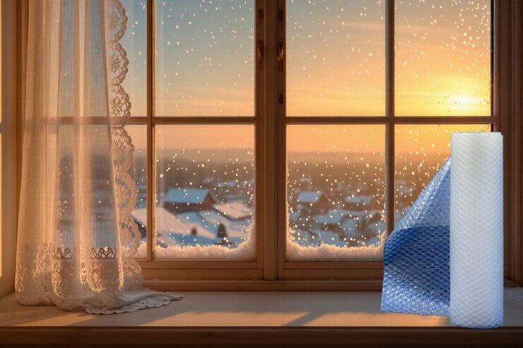 Finestra, neve fuori, rotolo pluriball