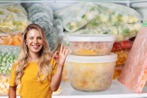 congelatore ordinato e donna felice