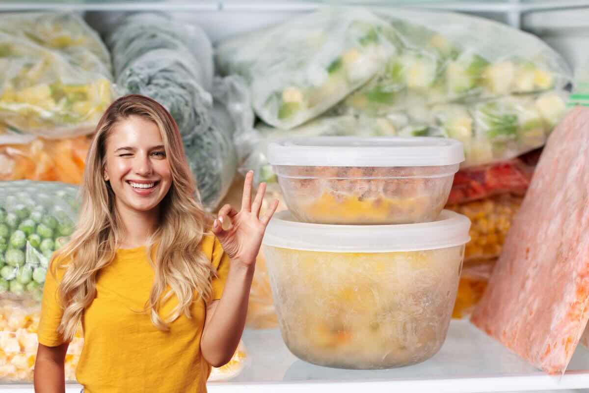 congelatore ordinato e donna felice