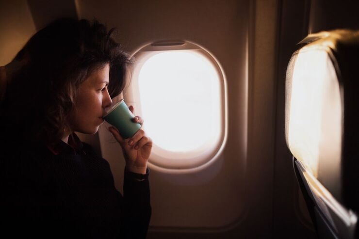 Donna con tazzina di caffè vicino oblò aereo