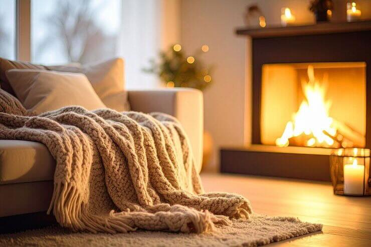 Coperta sul letto, camino acceso