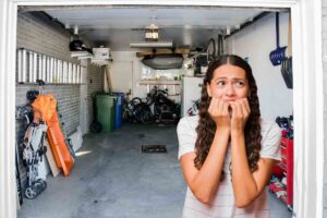 Donna spaventata, garage dietro di lei