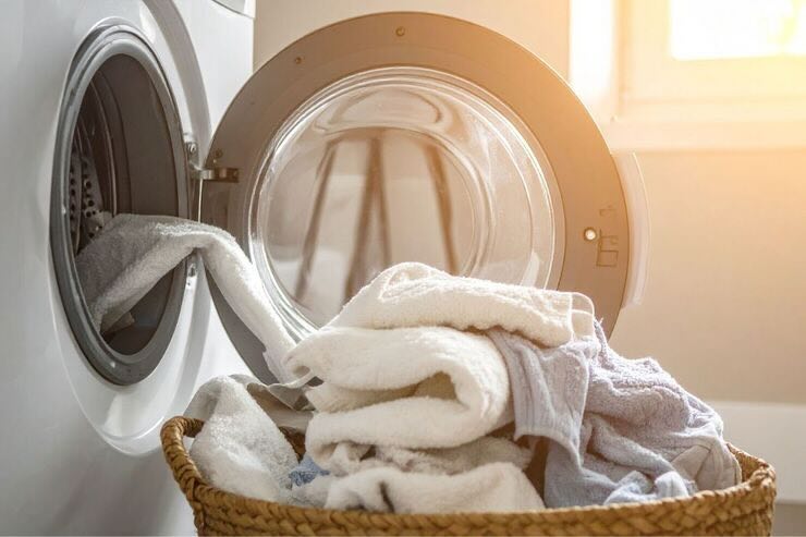 Lavatrice aperta, bucato 