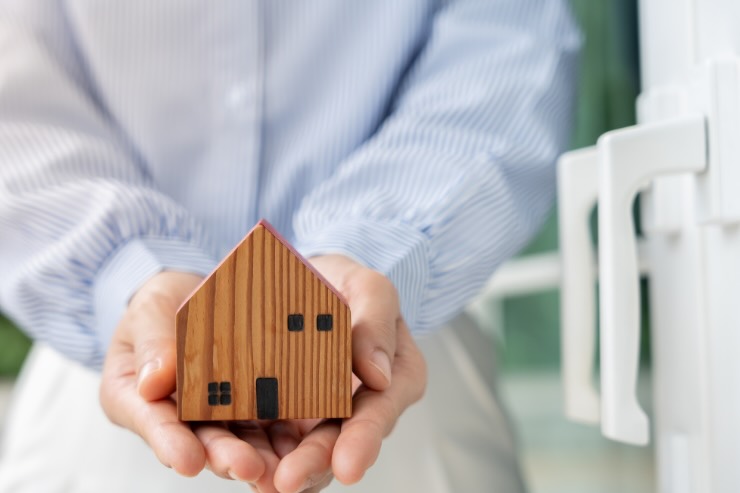 mani di persona che tiene una casetta di legno
