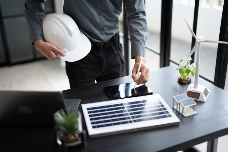 Tecnico con elmetto da lavoro, tablet pannelli solari 
