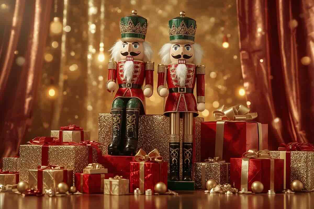 Schiaccianoci su pila di regali in cornice natalizia oro e rossa